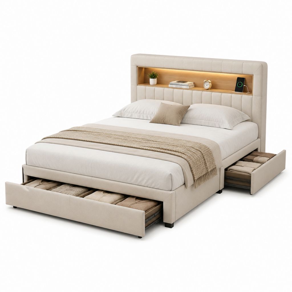 Polsterbett mit Stauraum Beige Polyester Rechteckig 160 x 200 cm