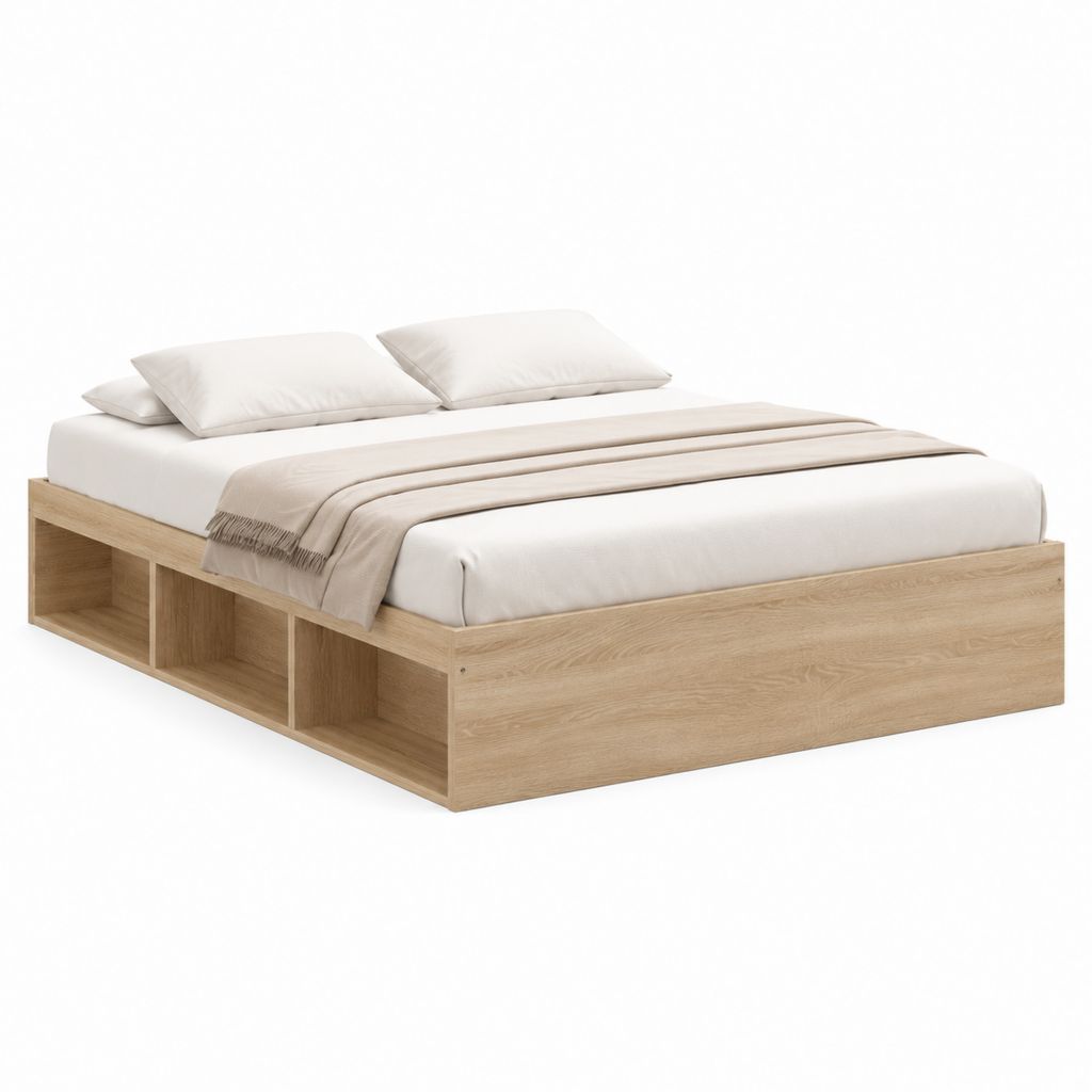 Stauraumbett Doppelbett aus Spanplatte Eiche Natur rechteckig 160 x 200 cm 205 x 165 x 45 cm