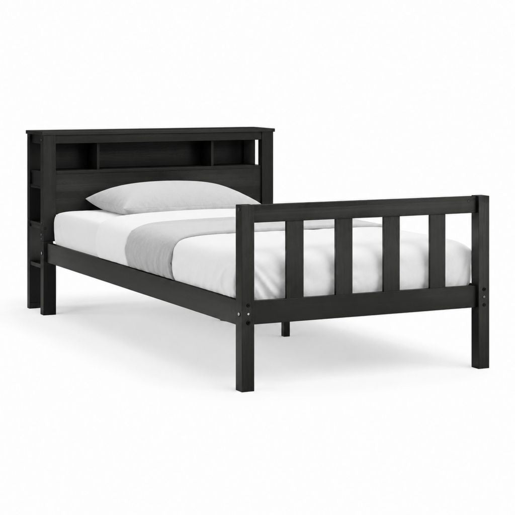 Einzelbett Bettgestell Schwarz aus massivem Kiefernholz mit Stauraumkopfteil 90 x 200 cm