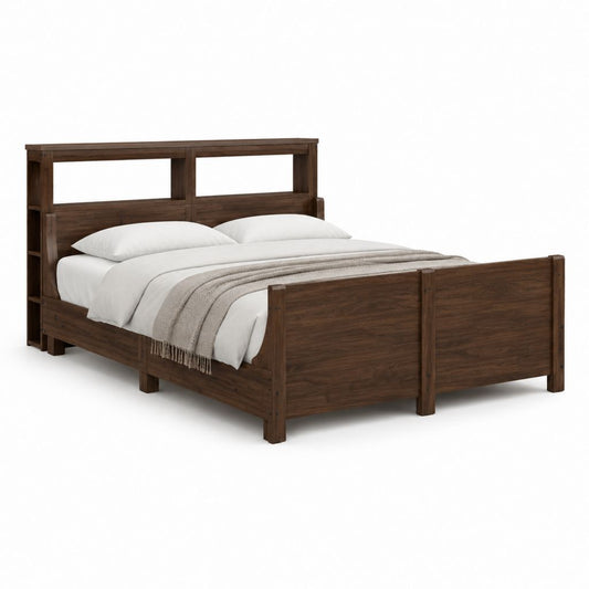 Bettgestell Dunkelbraun aus massivem Kiefernholz rechteckig mit Regal Kopfteil 160 x 200 cm