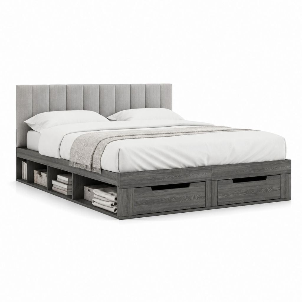 Stauraumbett Doppelbettgestell Grau aus melaminbeschichteter Spanplatte mit gepolstertem Kopfteil 160 x 200 cm