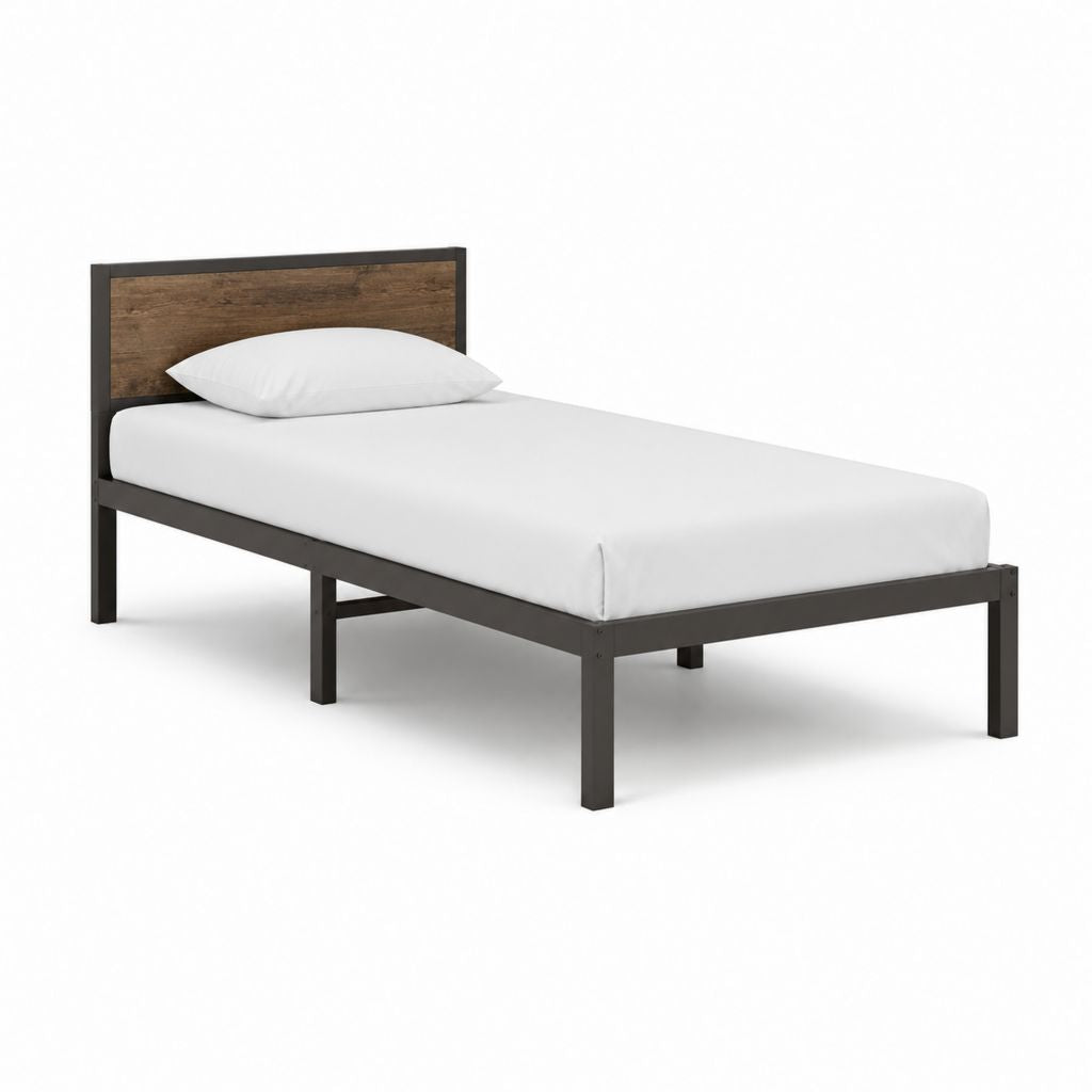 Einzelbett Bettgestell Schwarz Dunkelbraun Stahl MDF Rechteckig 90 x 200 cm