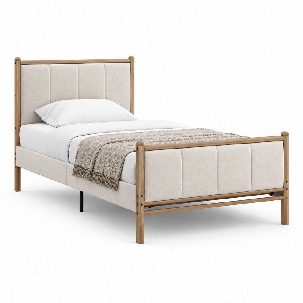 Einzelbett Bettgestell Beige Massivholz und Polyester 90 x 200 cm