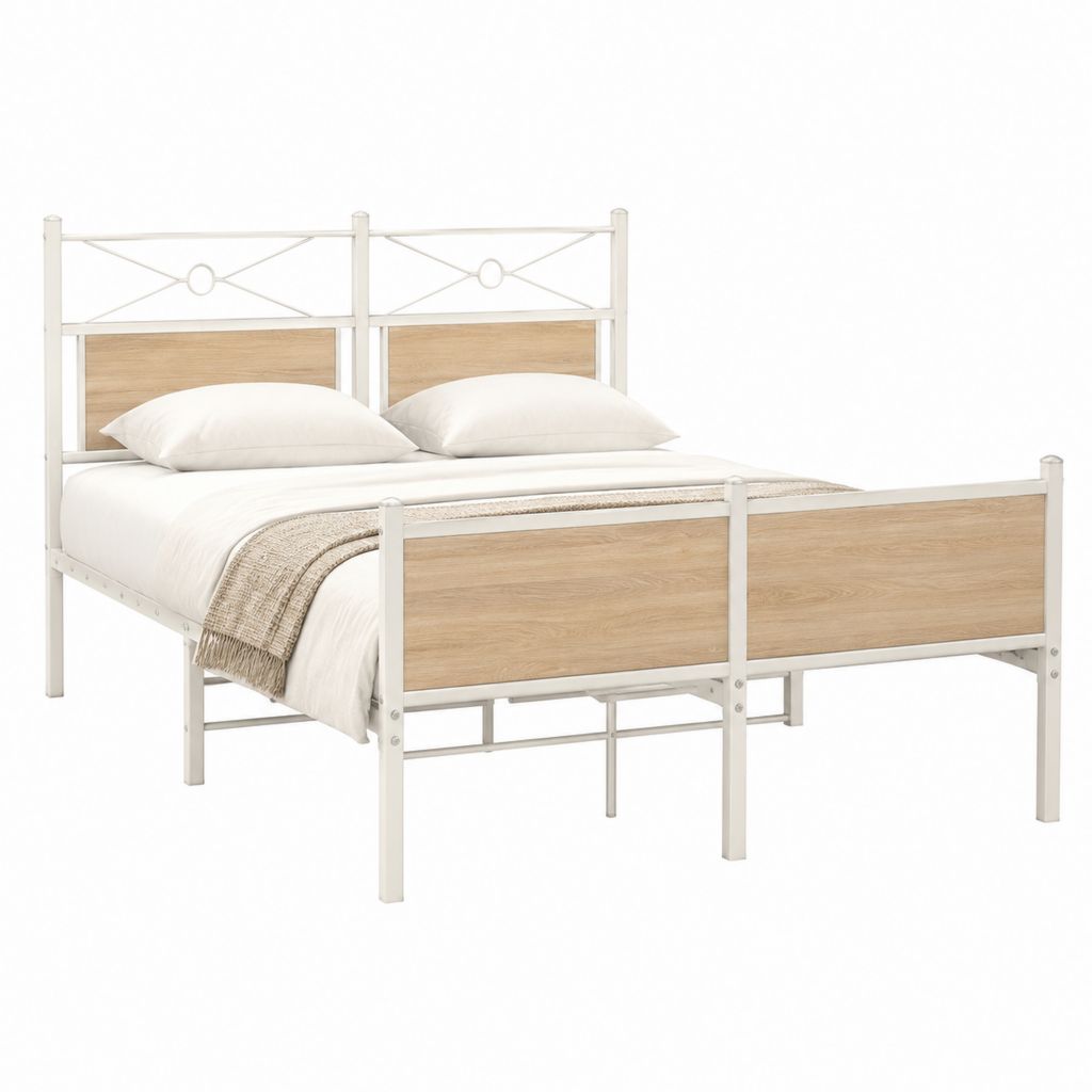 Metallbett Doppelbett Weiß mit Eichenoptik MDF 140 x 200 cm