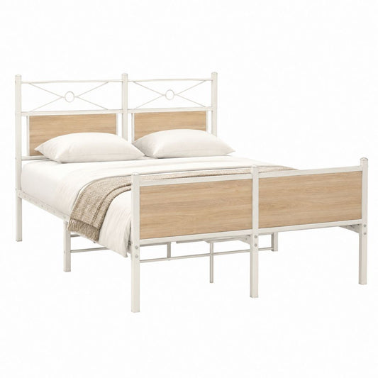 Metallbett Doppelbett Weiß mit Eichenoptik MDF 140 x 200 cm