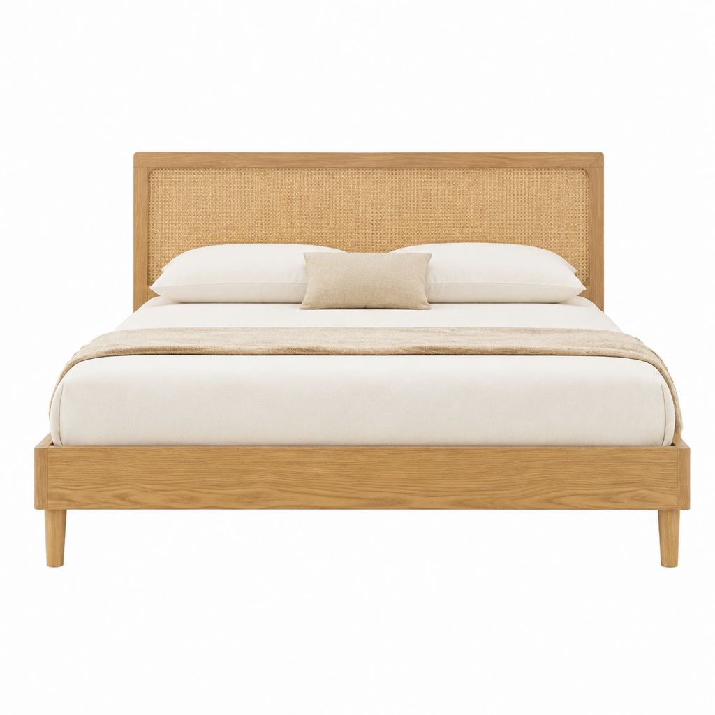 Bettgestell Doppelbett Natur Massivholz Eiche Rattan rechteckig Liegefläche 160 x 200 cm Außenmaße 168 x 208 x 110 cm