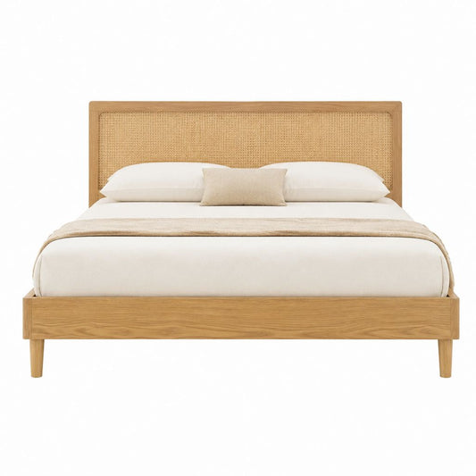 Bettgestell Doppelbett Natur Massivholz Eiche Rattan rechteckig Liegefläche 160 x 200 cm Außenmaße 168 x 208 x 110 cm