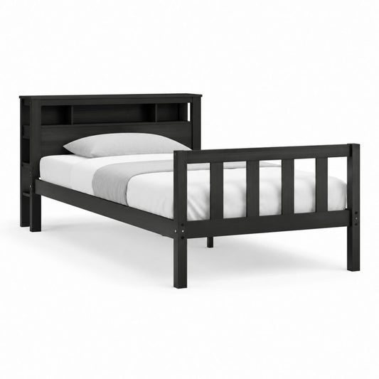Einzelbett Bettgestell Schwarz aus massivem Kiefernholz mit Stauraumkopfteil 90 x 200 cm