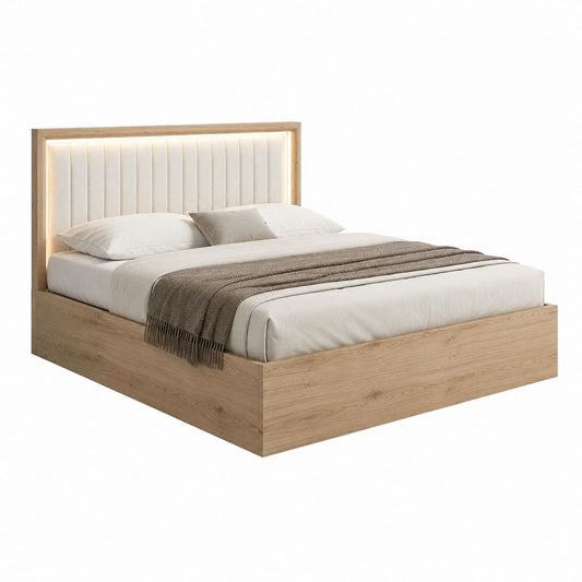 Polsterbett Bettgestell in Eiche Dekor mit beige Polyester-Kopfteil LED-Beleuchtung 180 x 200 cm