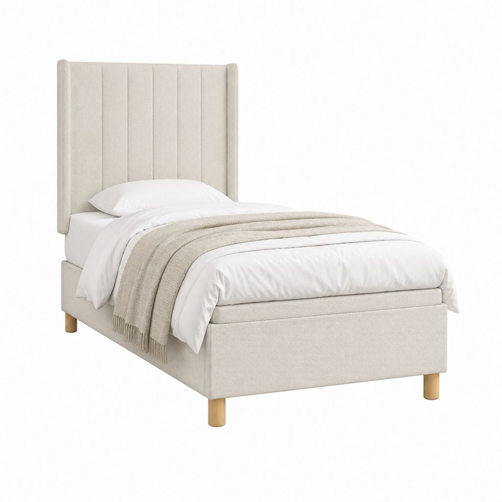 Polsterbett 90 x 200 cm Beige mit Polyesterbezug und vertikal gepolstertem Kopfteil