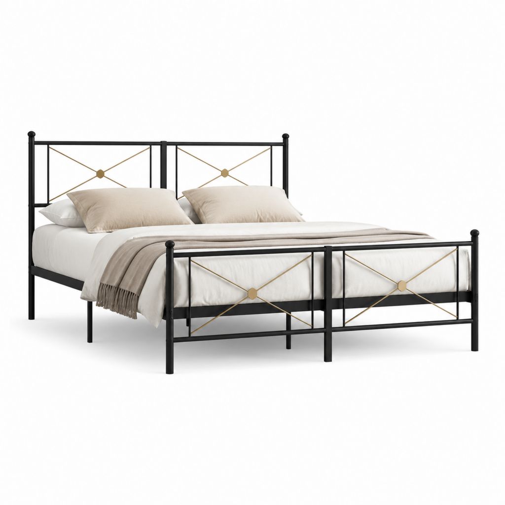 Metallbett Doppelbettgestell Schwarz Gold aus pulverbeschichtetem Stahl rechteckig 160 x 200 cm