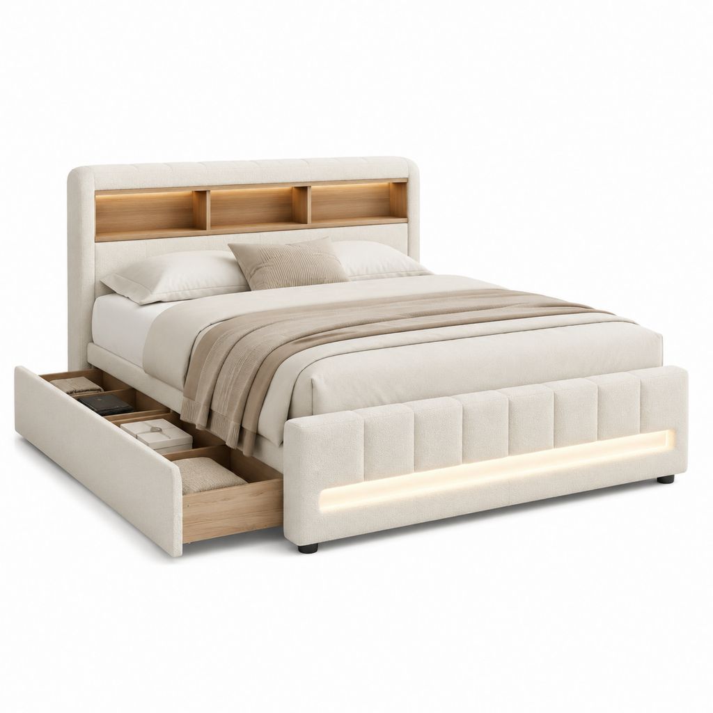 Polsterbett mit Stauraum LED-Beleuchtung und Regal Kopfteil Creme Polyester 160 x 200 cm